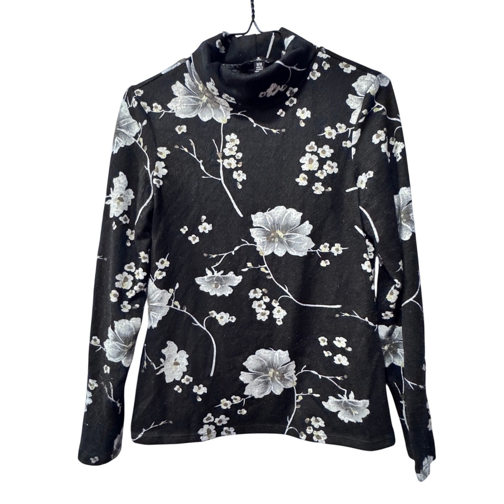 JL Women's Black Floral Print Turtleneck Long Sleeve Top M/M